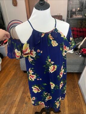 Floral Cold-Shoulder Navy Dress with Yellow Rose Print